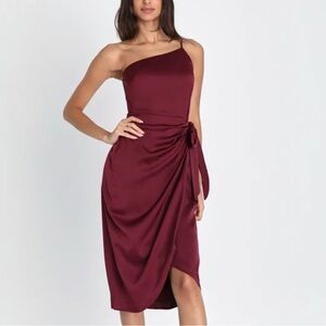 Lulus Meant to Be Together Satin One-Shoulder Midi Dress Women’s Small Wine Red